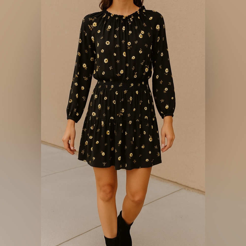 Velvet by Graham & Spencer Black Dress with Yellow Floral Pattern